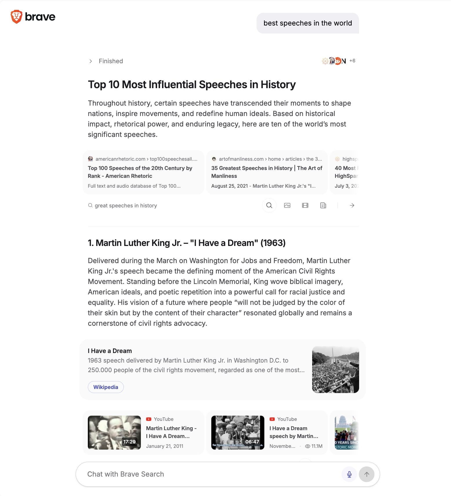 Figure 1: Answer from Ask Brave, providing contextual and actionable enrichments to follow up on
