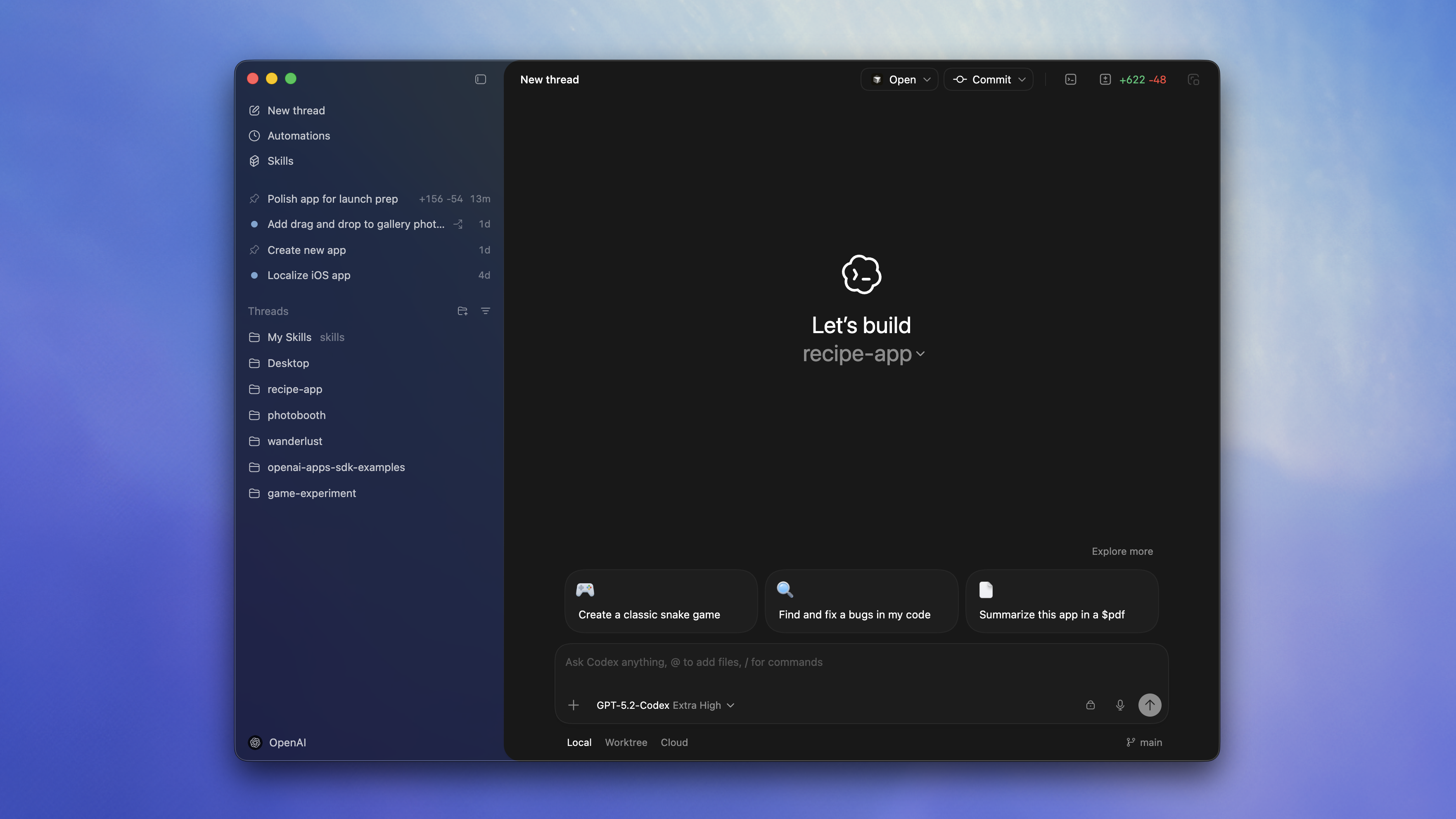 Codex app showing a project sidebar, thread list, and review pane