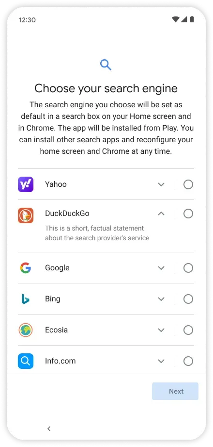 Phone settings screen with a list of search engines to select as your default search.